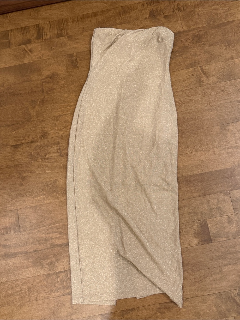 Dynamite Strapless Shimmer Maxi Dress in Champagne Beige